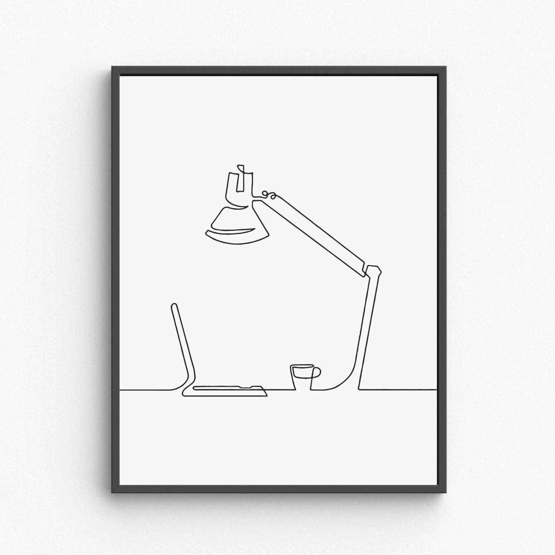 Home Office Desk Line Art Laptop Lamp Coffee Minimalist Decor Poster