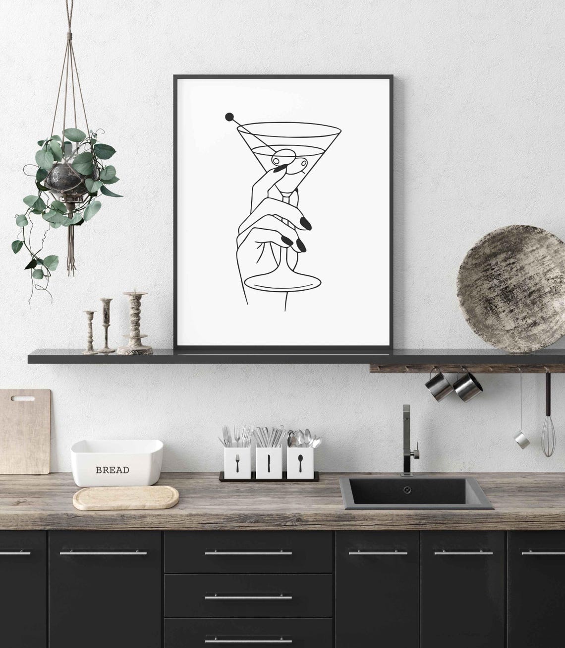 Hand Holding Martini Glass Olive Cocktail Chic Line Art Poster - Image 3