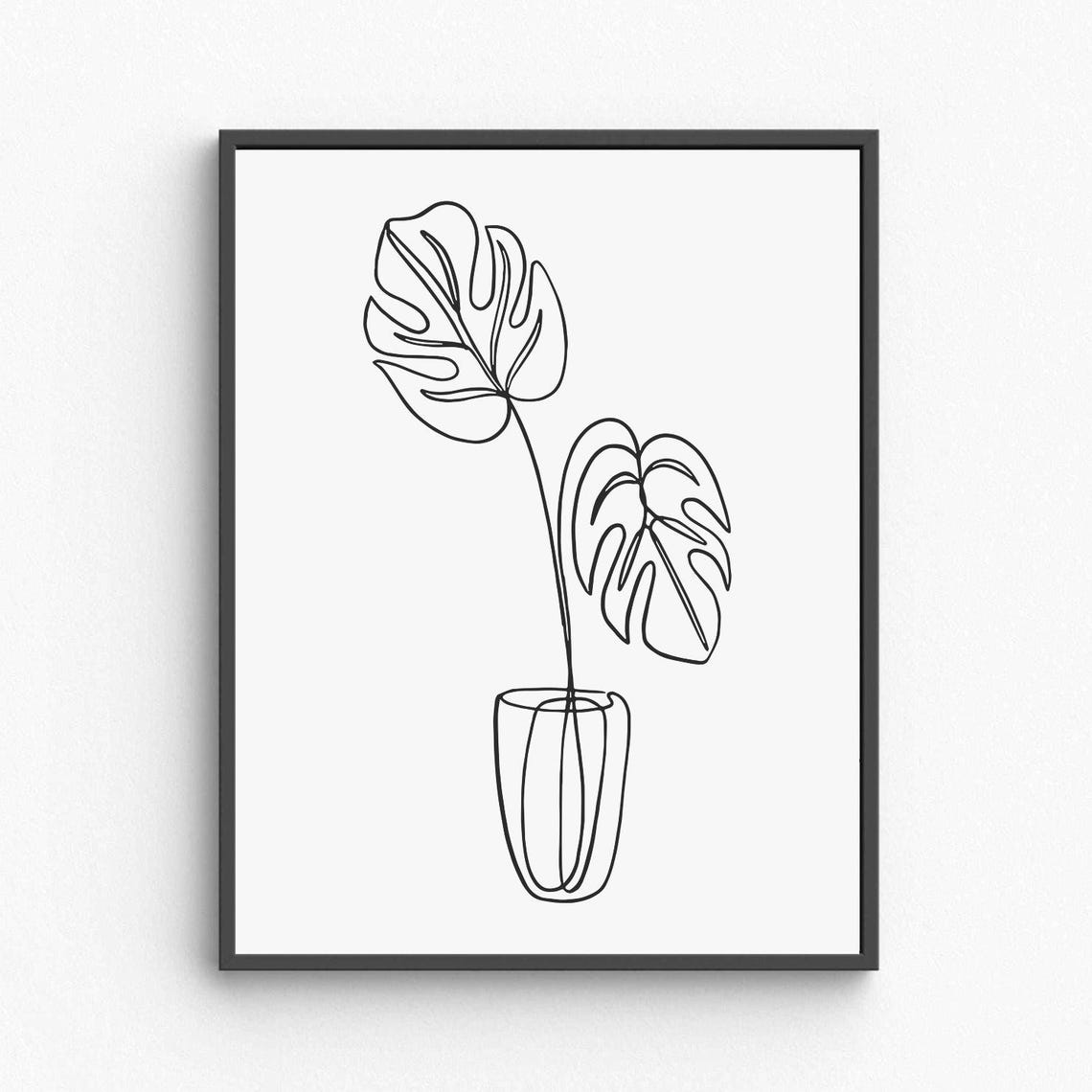 Monstera Leaves Vase Line Art Tropical Botanical Minimalist Poster