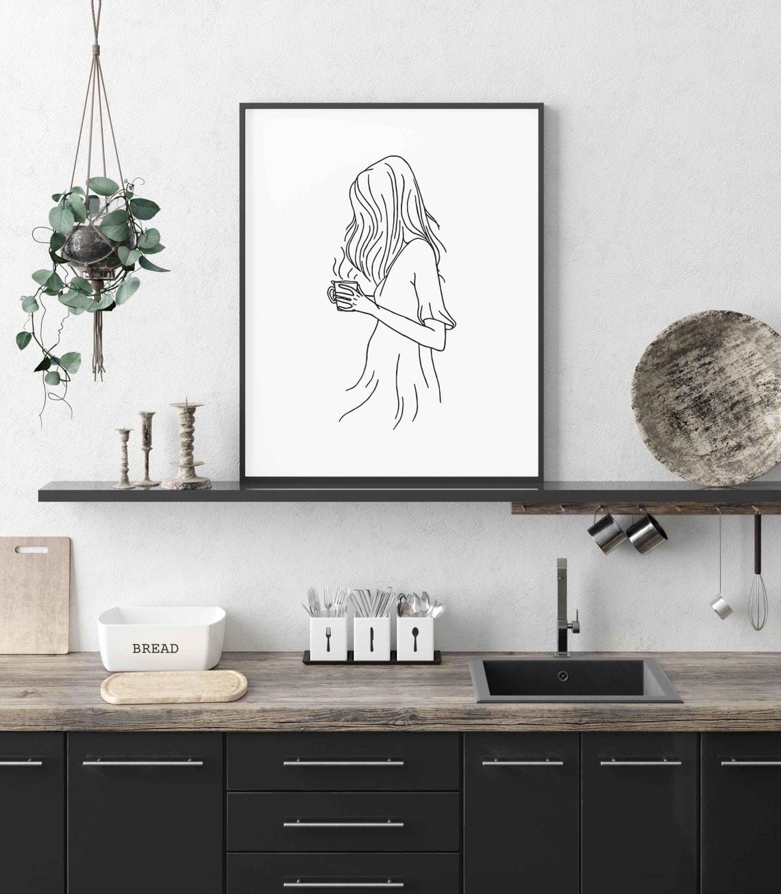 Minimalist Woman With Coffee Line Art Sad Girl Illustration Moody Female Drawing Black White Emotional Print Cozy Mental Health - Image 4