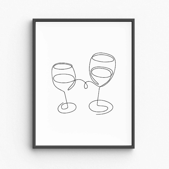 Two Wine Glasses Toasting Continuous Line Drawing Celebration Bar Decor Poster