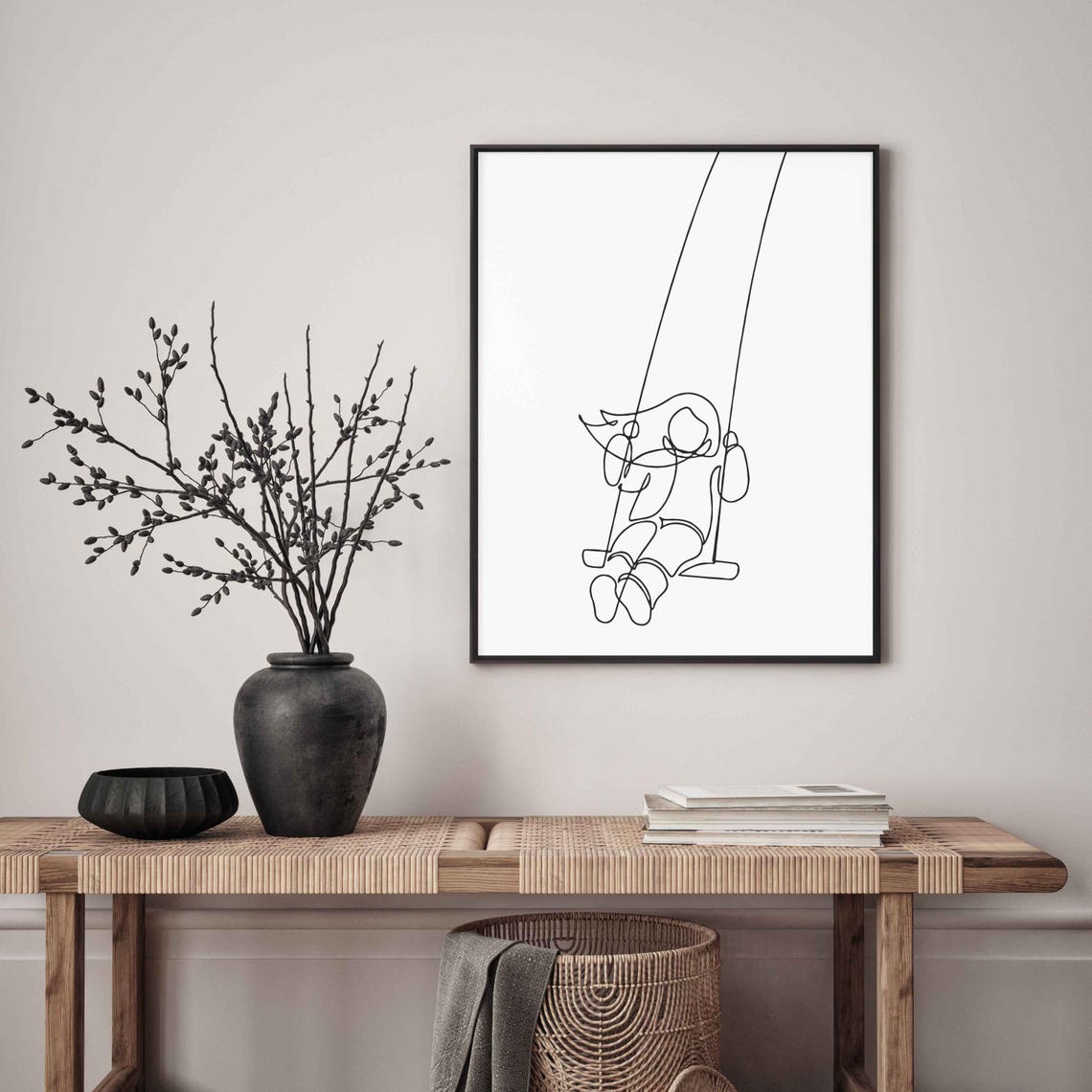 Minimalist Swinging Child Line Art Whimsical Kid On Swing Drawing Playful Nursery Wall Decor Childhood Memory Print - Image 4
