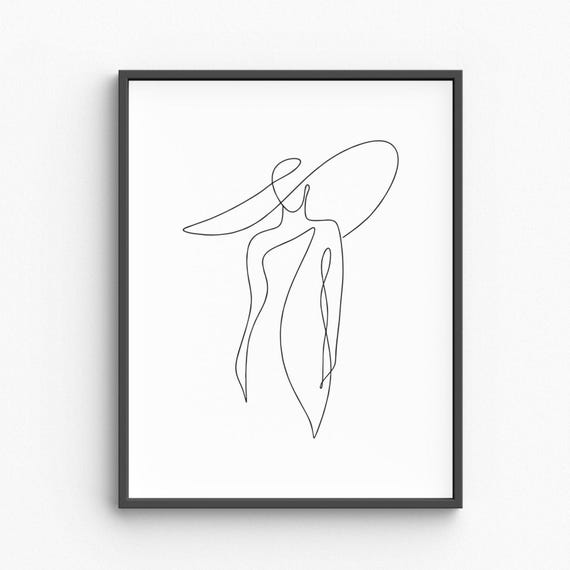 Minimalist Woman With Hat Line Art Elegant Lady Drawing Black White Fashion Print Stylish Wall Decor Poster
