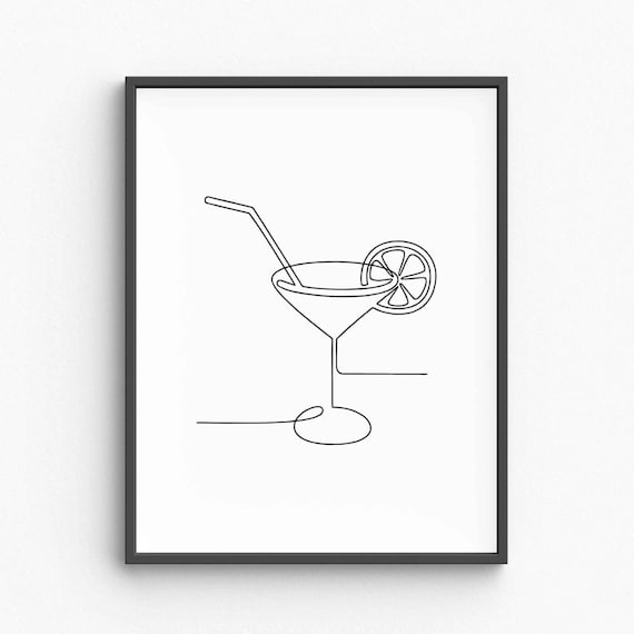 Cocktail Glass Line Art Martini Lemon One Line Drawing Decor Poster