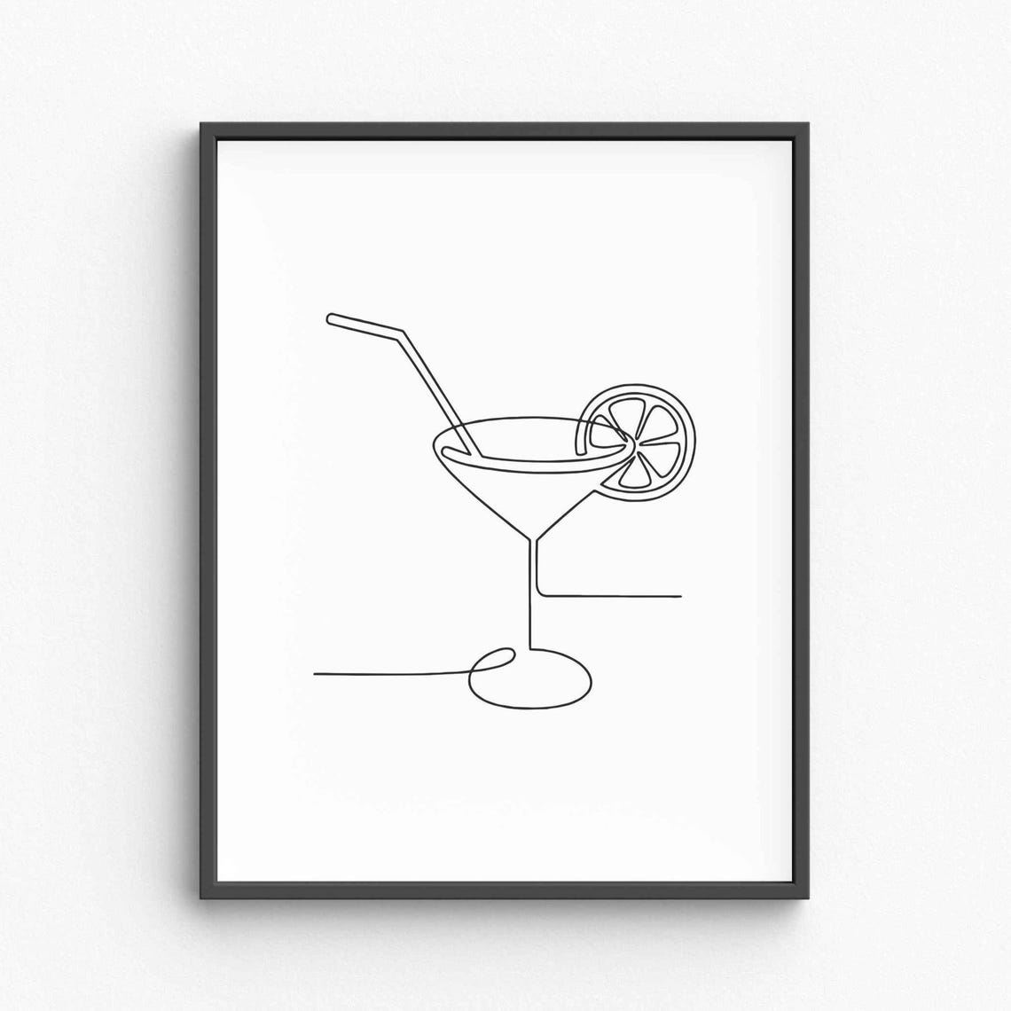 Cocktail Glass Line Art Martini Lemon One Line Drawing Decor Poster