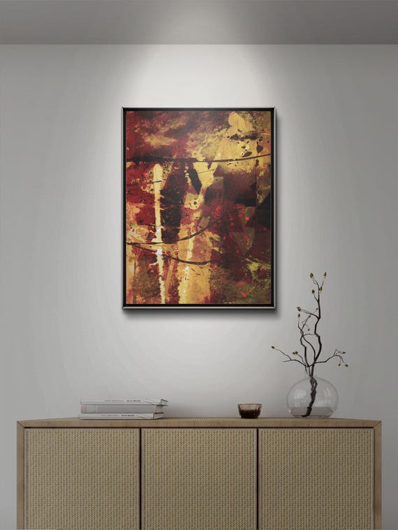 Abstract Nature Mixed Media With A Blend Of Gold Red And Black Textured Layers Organic Forms Of A Desert Landscape