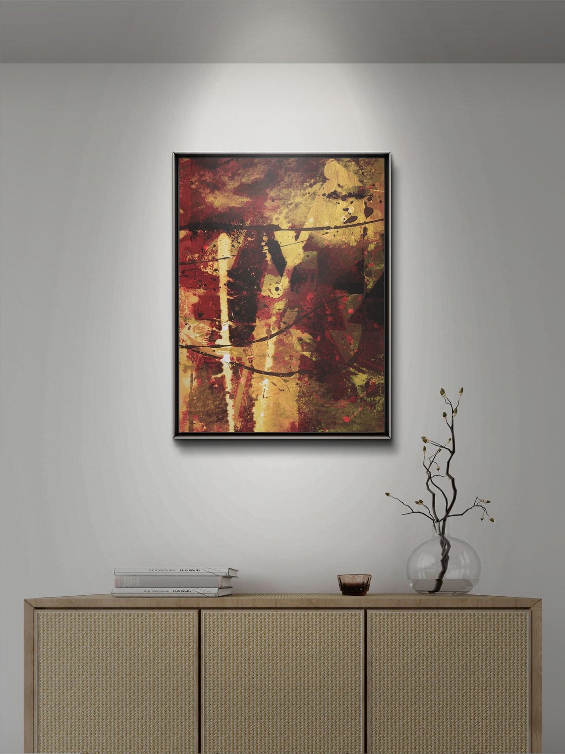 Abstract Nature Mixed Media With A Blend Of Gold Red And Black Textured Layers Organic Forms Of A Desert Landscape
