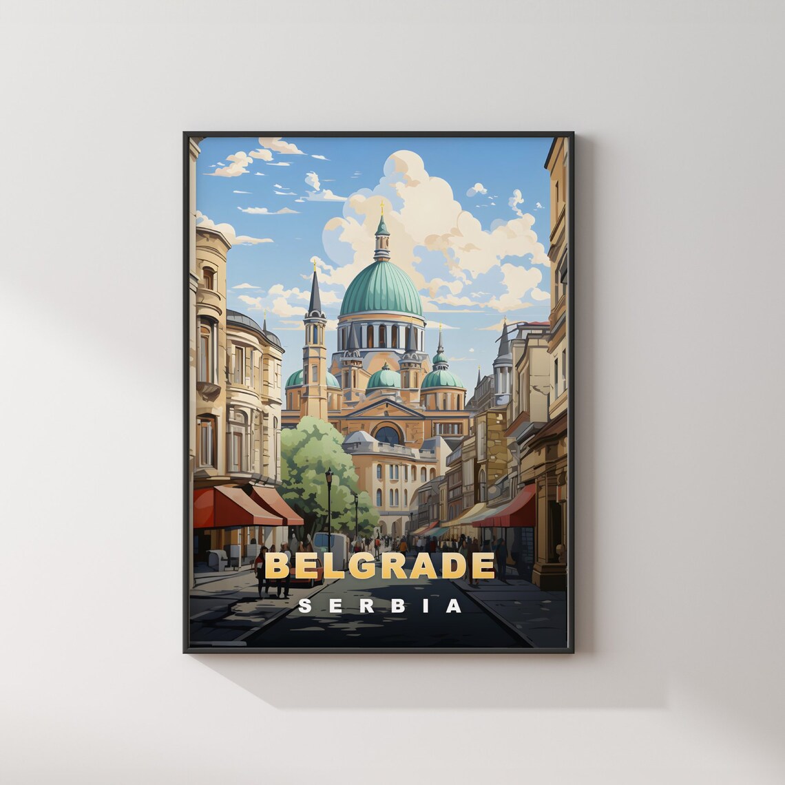 Belgrade Serbia Green Dome Cathedral Bustling Street Travel Poster - Image 2