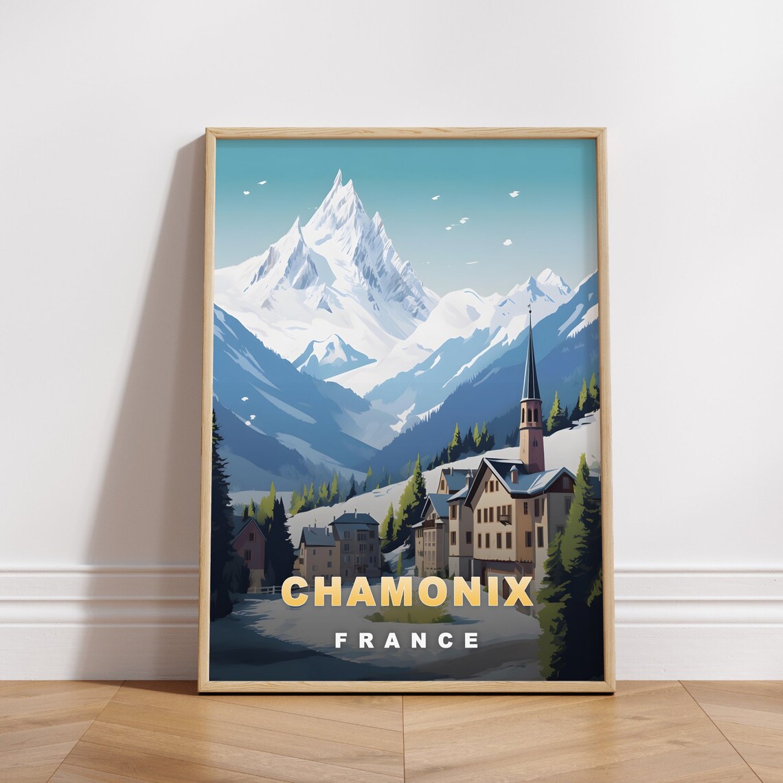 Chamonix France Alpine Town Church Spire Retro Travel Poster