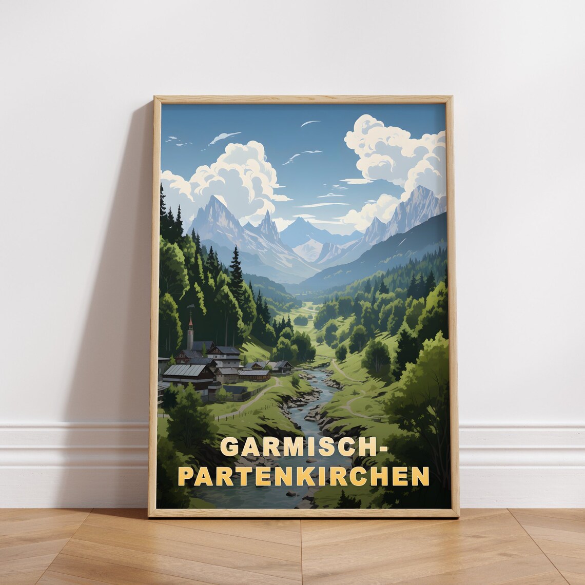 Garmisch Partenkirchen Germany Alpine Valley Retro Travel Poster