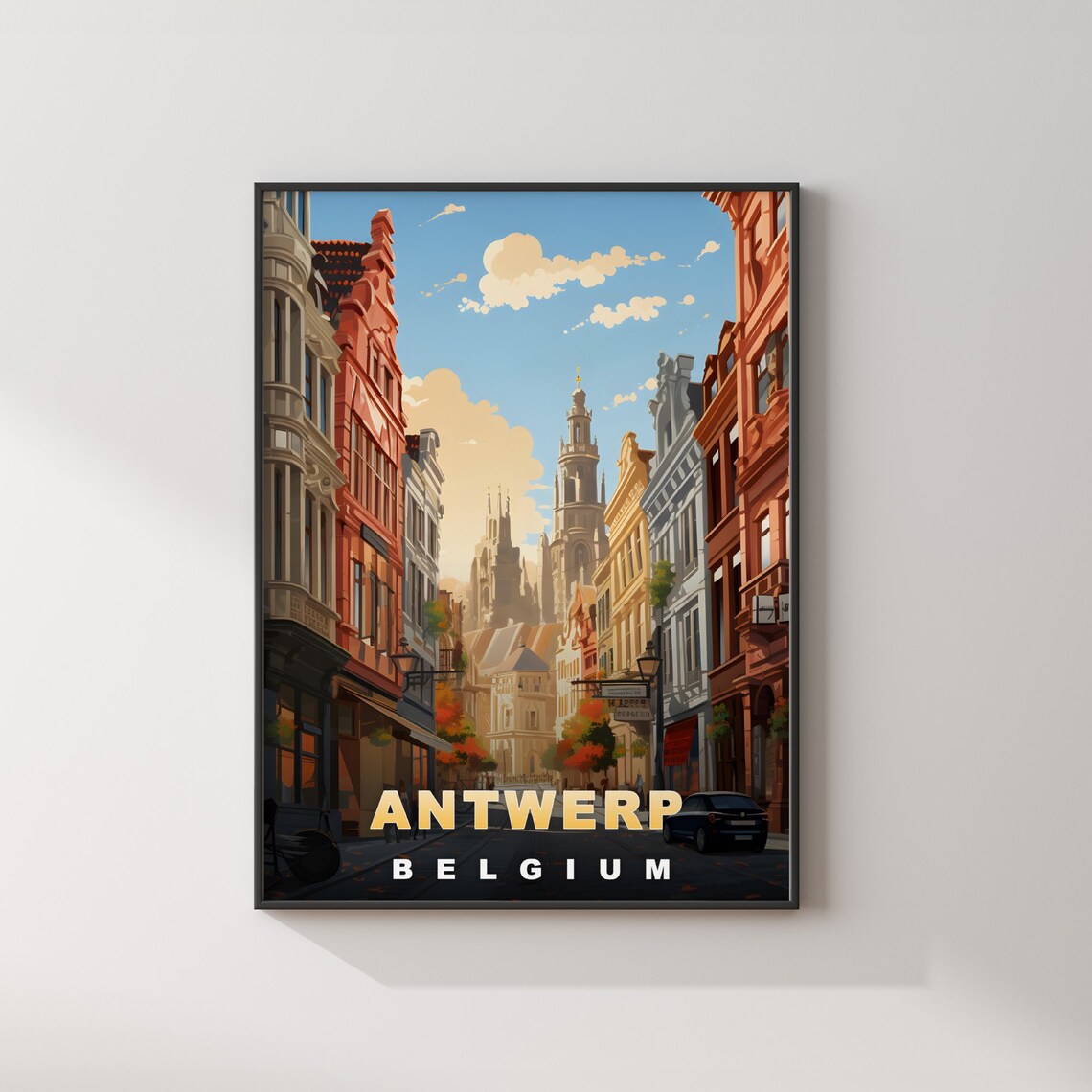 Antwerp Belgium Grand Street Cathedral Towers Autumn Travel Poster - Image 2