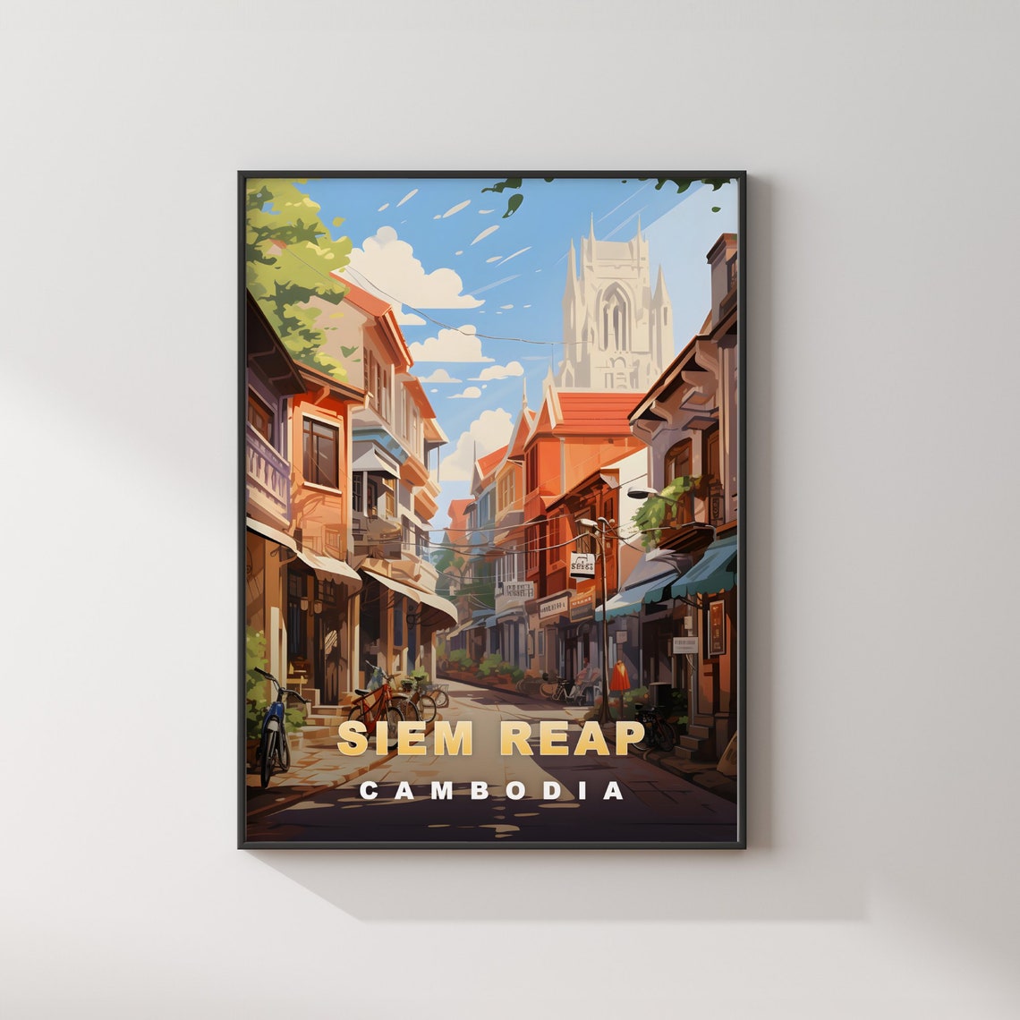Siem Reap Cambodia Street with Ornate Tower Retro Travel Poster - Image 2