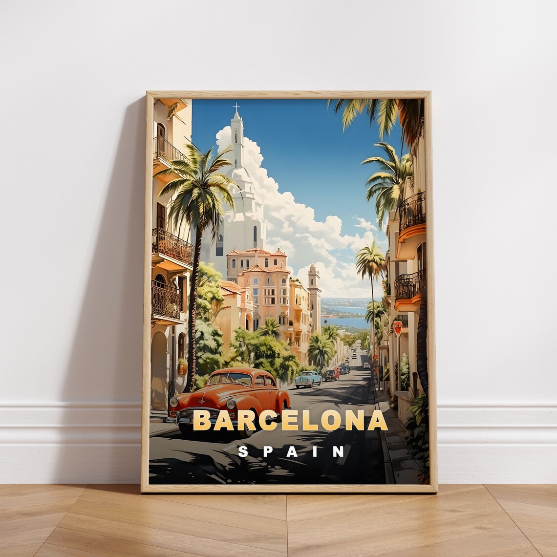 Barcelona Spain Palm Street Vintage Car Church Tower Travel Poster