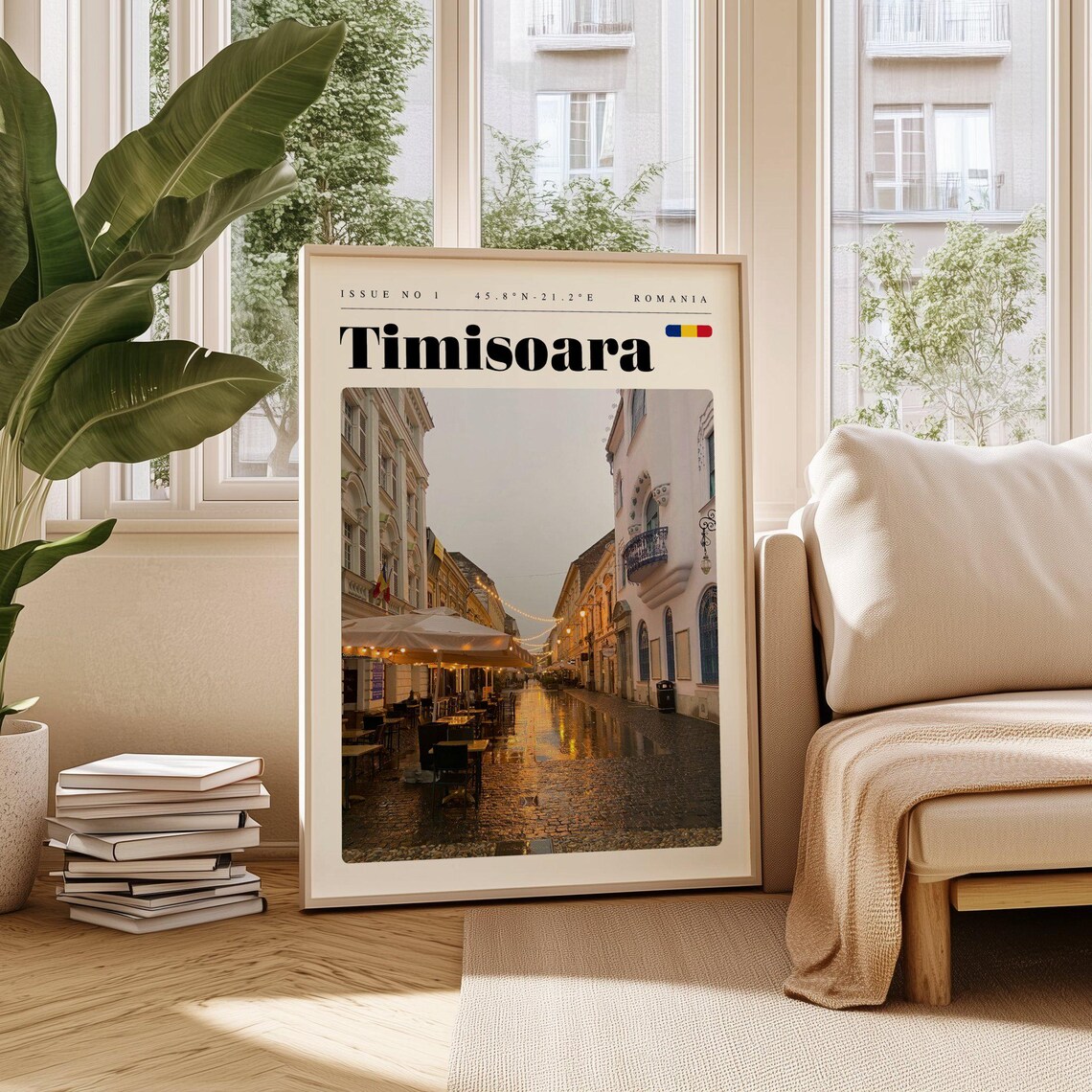 Timisoara Romania Vintage Travel Poster Rainy Old Town Night Scene