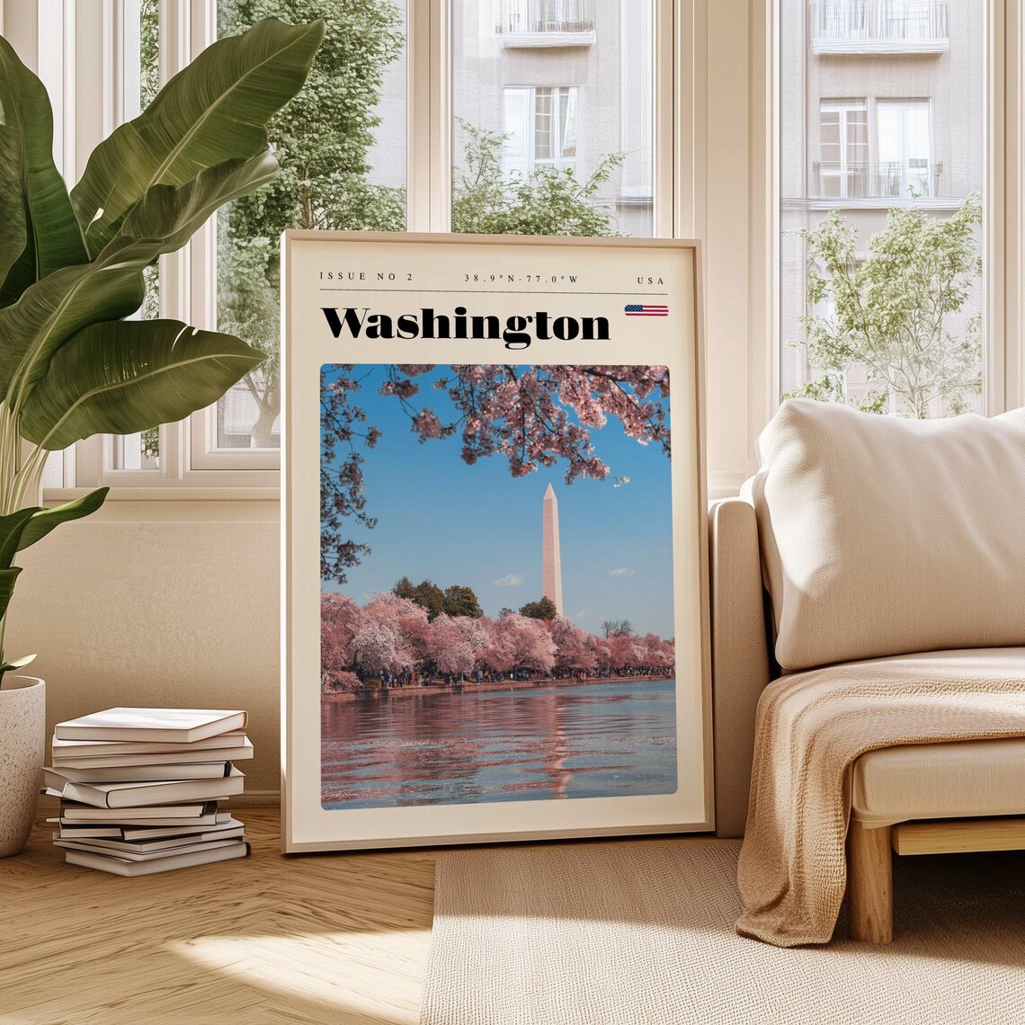 Washington DC USA Vintage Travel Poster Cherry Blossoms Monument