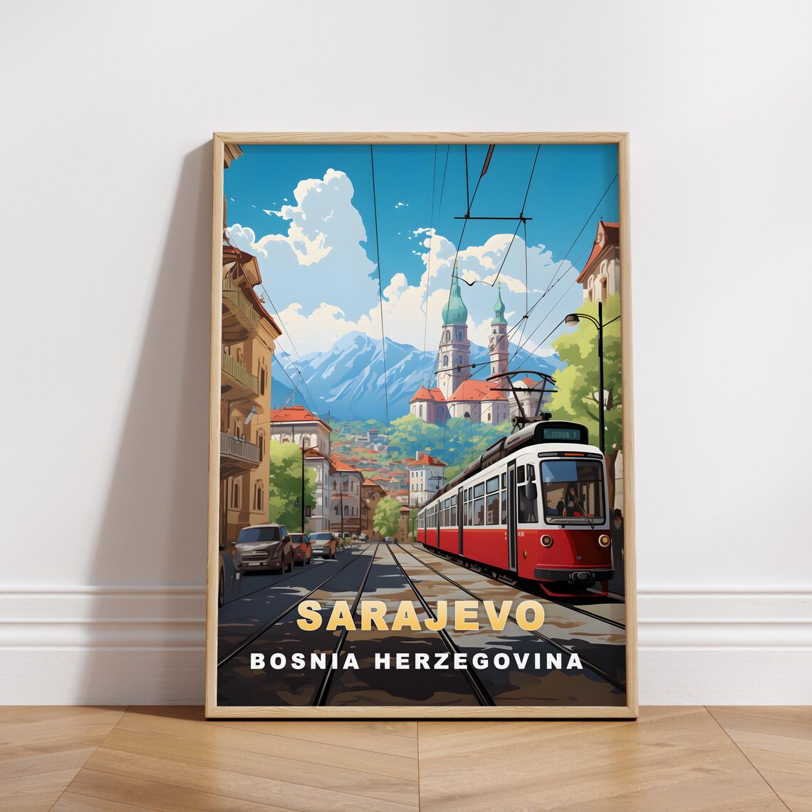 Sarajevo Bosnia Herzegovina Vintage Tram Mountains City Poster