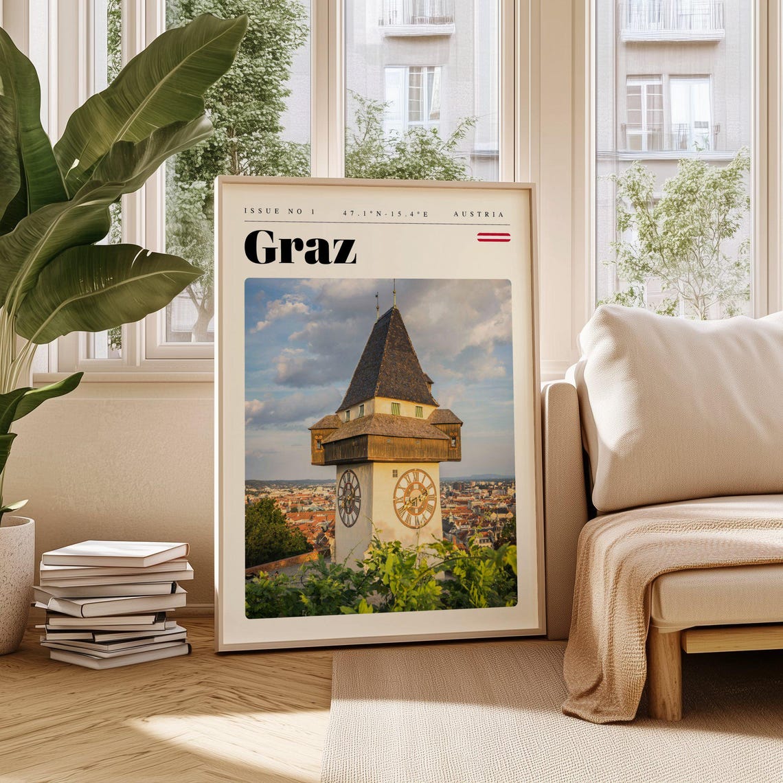 Graz Austria Medieval Clock Tower Above Old Town Travel Poster