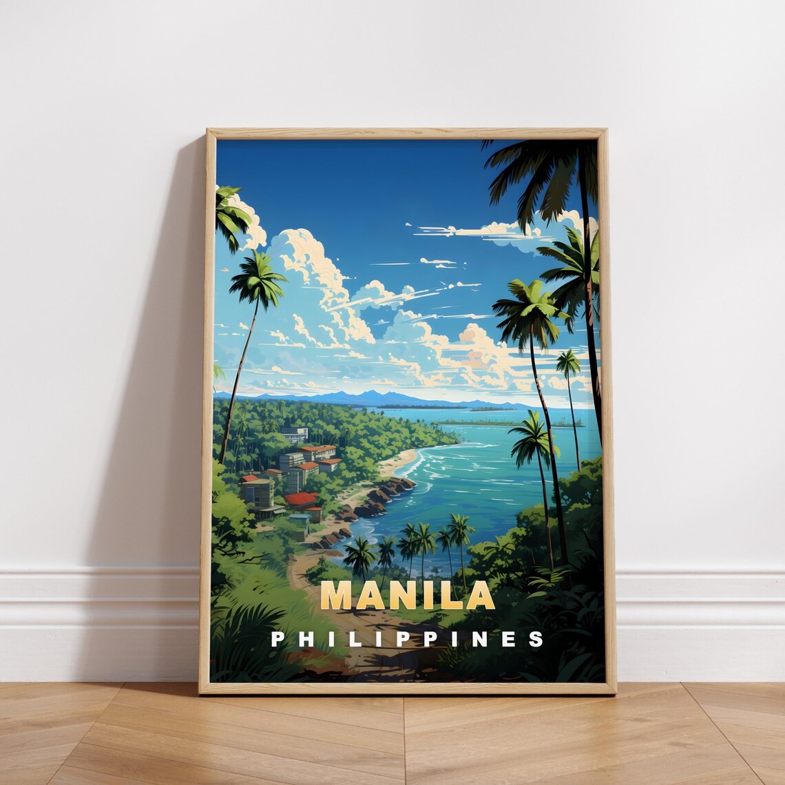 Manila Philippines Coast Palm Trees Turquoise Bay Travel Poster