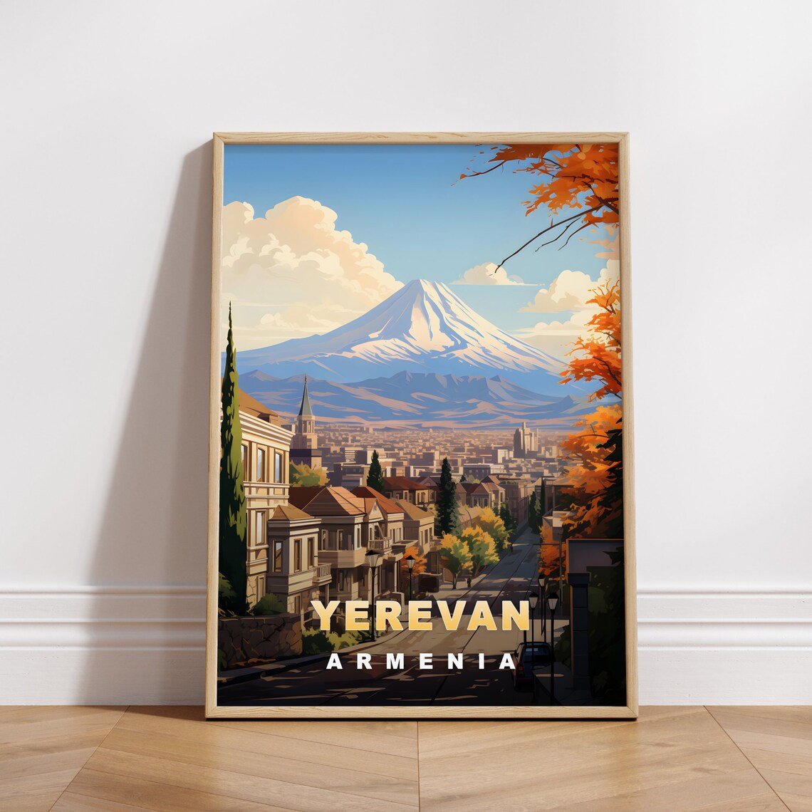 Yerevan Armenia Street with Mount Ararat Retro Travel Poster