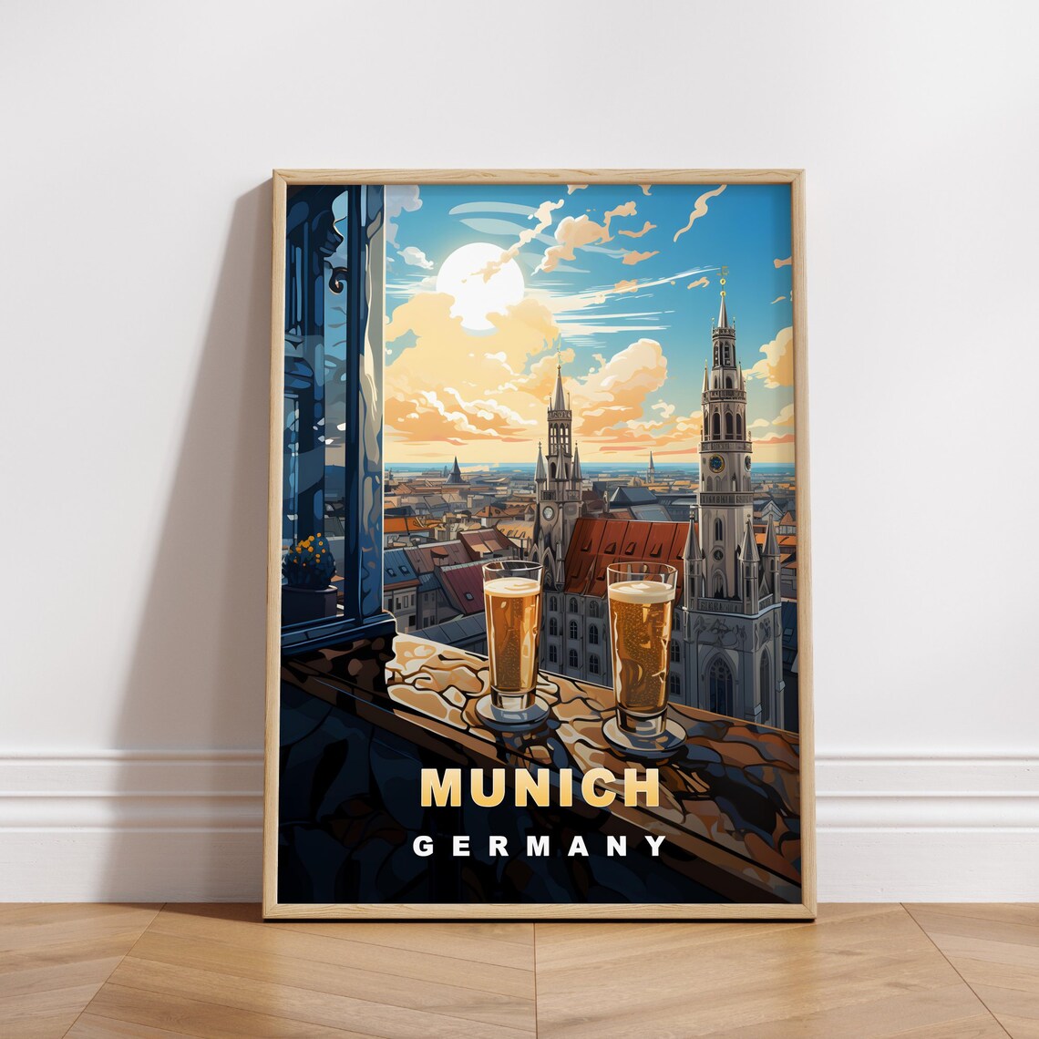 Munich Germany Beer Glasses Old Town View Retro Travel Poster