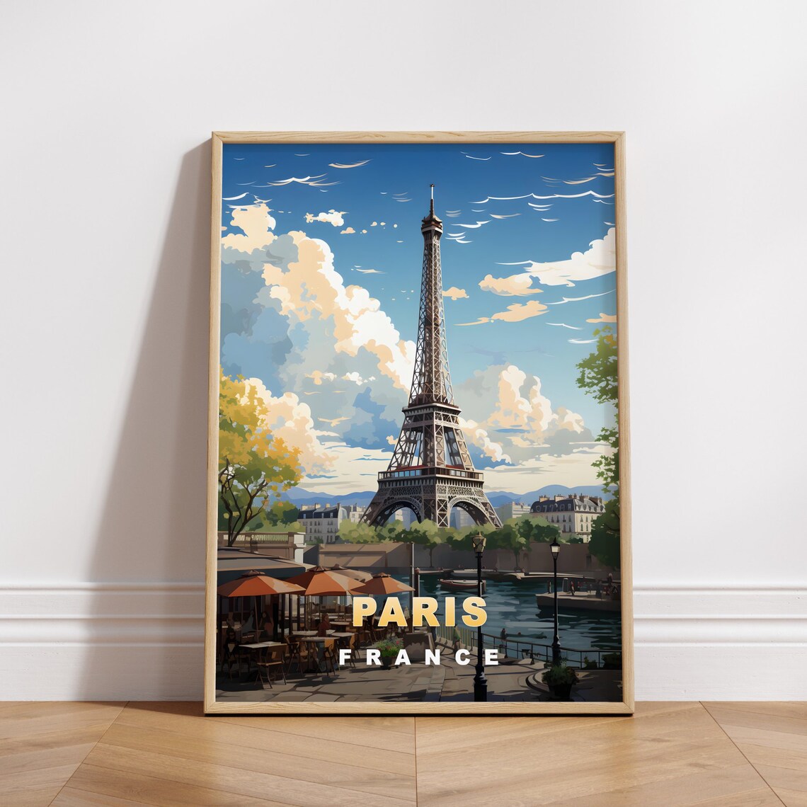 Paris France Eiffel Tower by the Seine Vintage Travel Poster