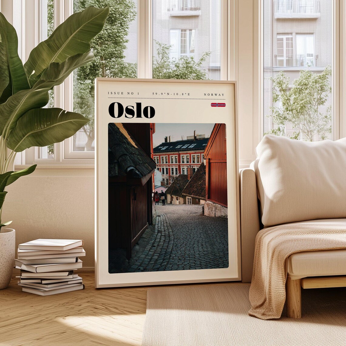 Oslo Norway Old Town Cobblestone Alley Red Houses Travel Poster