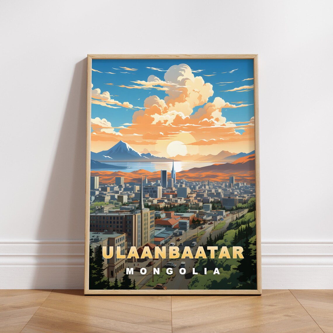 Ulaanbaatar Mongolia Sunset City Panorama Golden Travel Poster