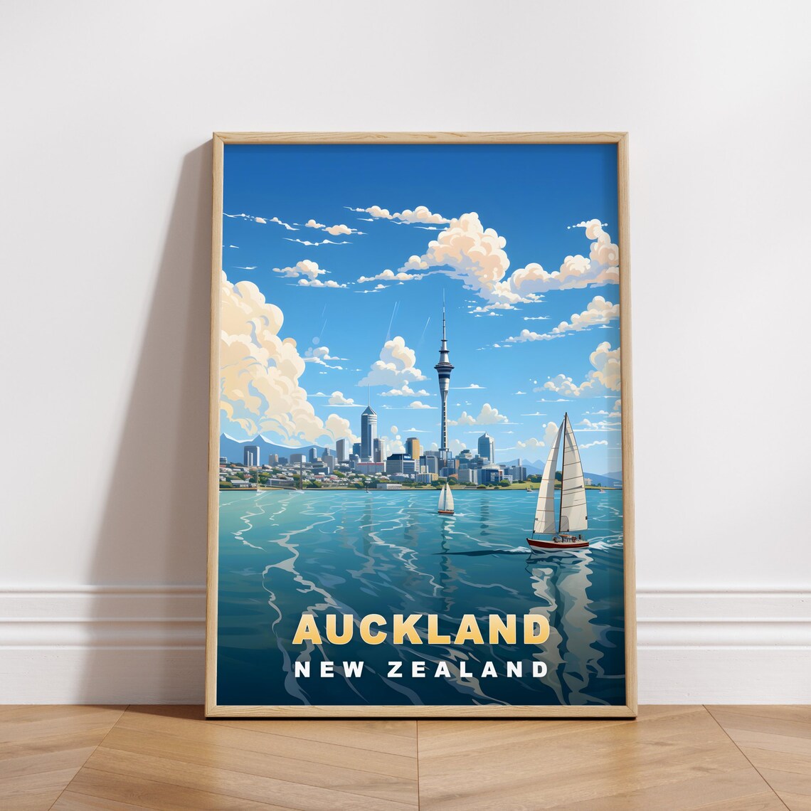 Auckland New Zealand Sky Tower Harbour Sails Retro Travel Poster