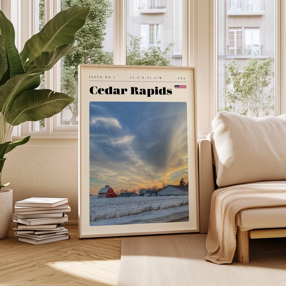 Cedar Rapids Iowa Snowy Farm Barn Winter Sunset Travel Poster