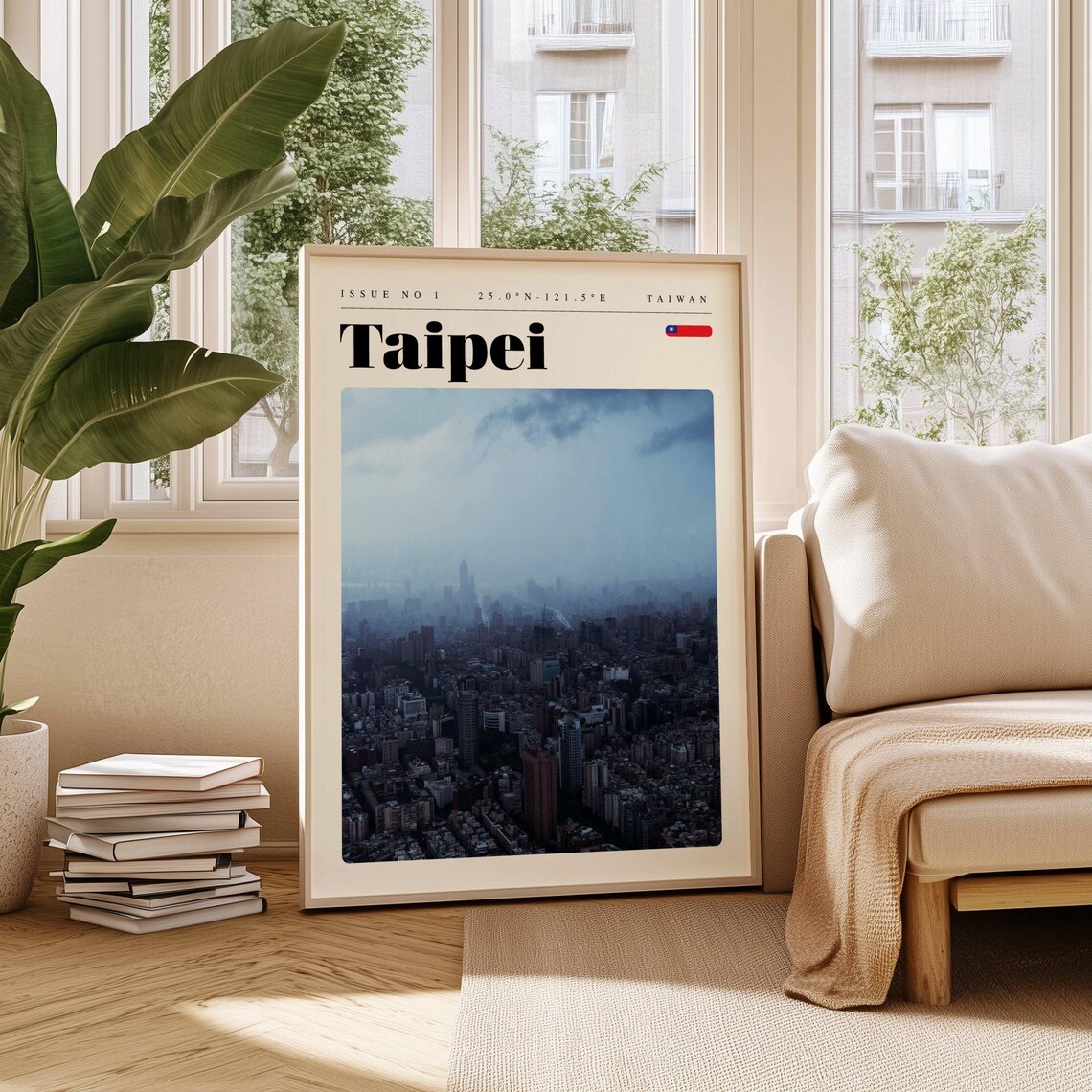 Taipei Taiwan Vintage Travel Poster Misty Cityscape Aerial Skyline