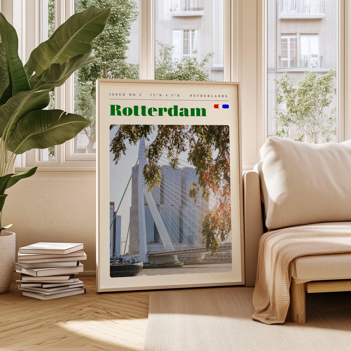 Rotterdam Erasmus Bridge Harbor Skyline Vintage Travel Poster