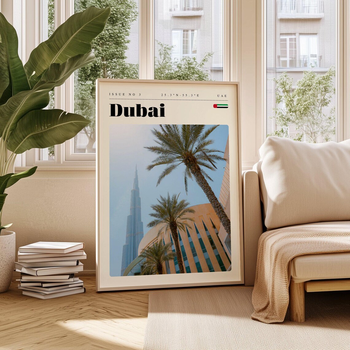 Dubai UAE Burj Khalifa Palm Trees Modern Skyline Travel Poster