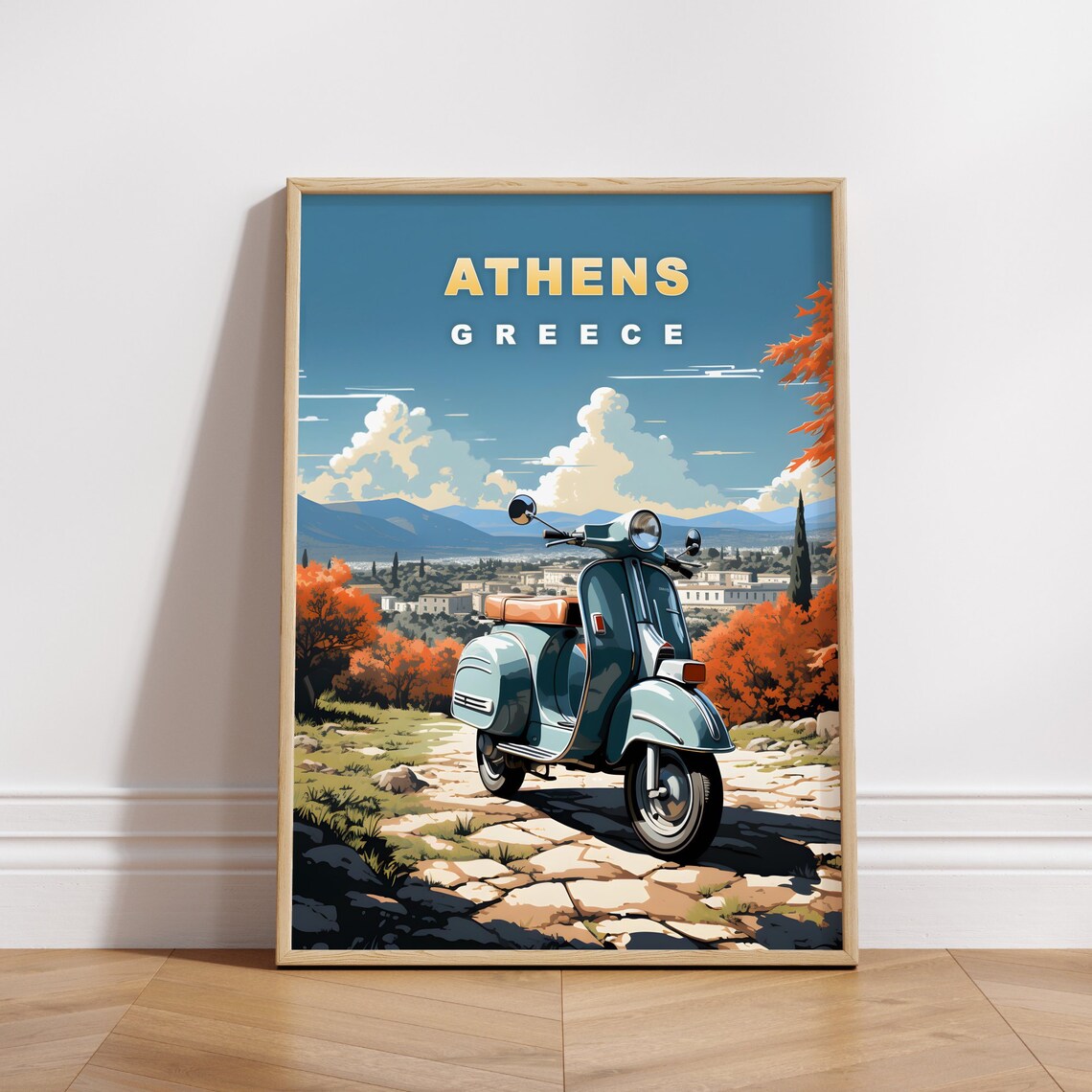 Athens Greece Vintage Vespa Scooter Hillside Town View Travel Poster