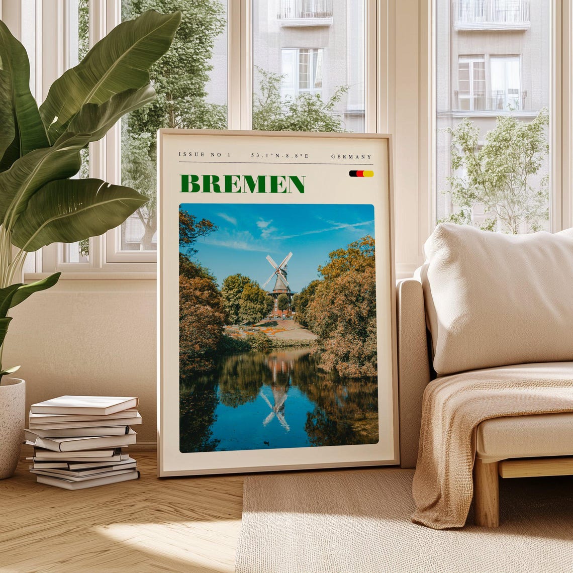 Bremen Windmill Reflection Park Germany Issue 1 Retro Travel Poster
