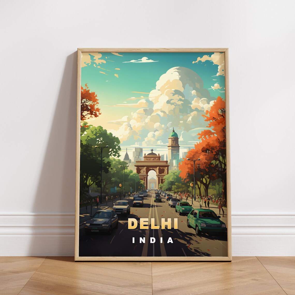 Delhi India Grand Arch Bustling Avenue Autumn Trees Travel Poster