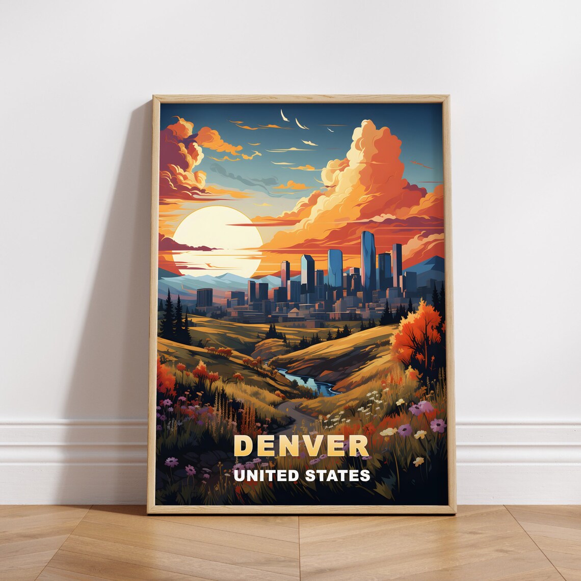 Denver United States Wildflower Meadow Sunset Skyline Travel Poster