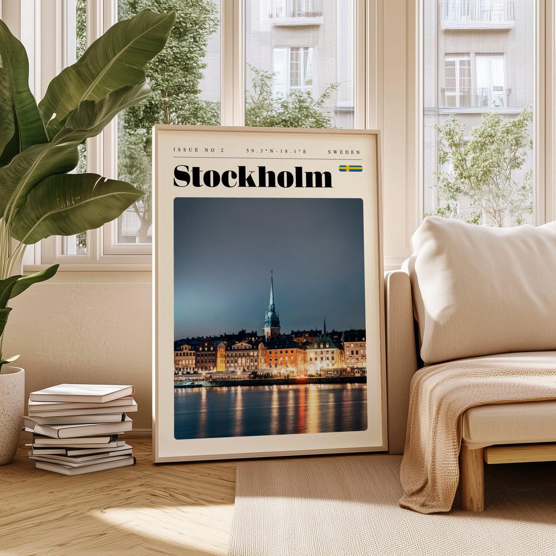 Stockholm Sweden Vintage Travel Poster Night Waterfront Lights Glow