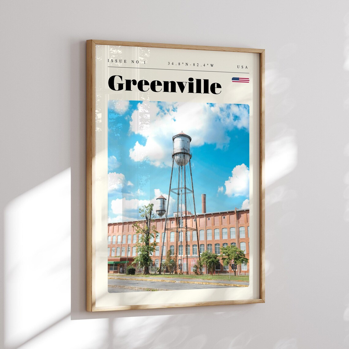 Greenville USA Historic Water Tower Brick Mill Building Travel Poster - Image 2