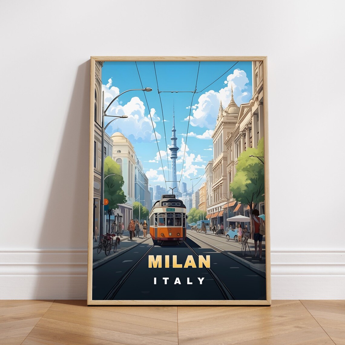 Milan Italy Retro Travel Poster Vintage Tram Tower Street Scene