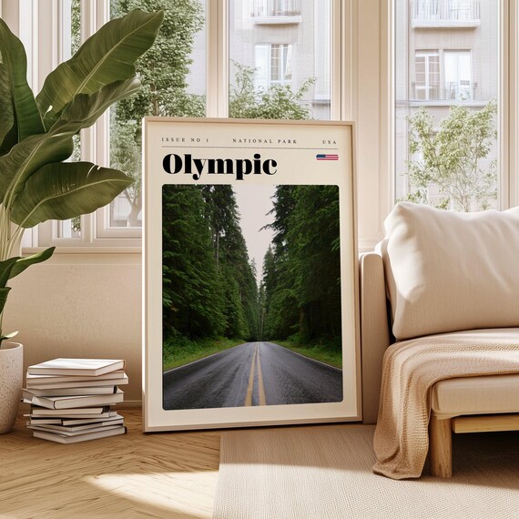 Olympic National Park Evergreen Forest Road Modern Travel Poster