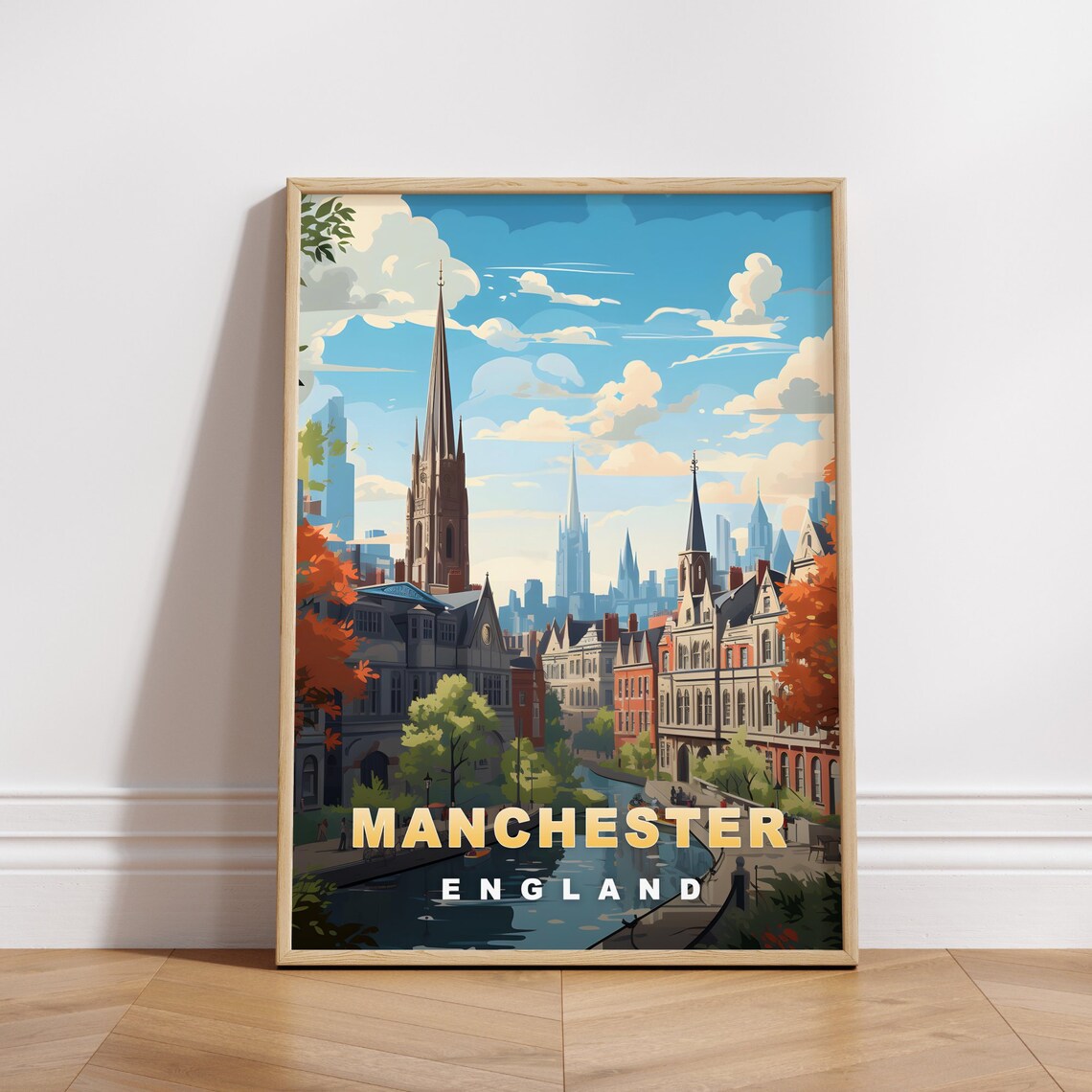 Manchester England Retro Travel Poster Canal Church Spires View