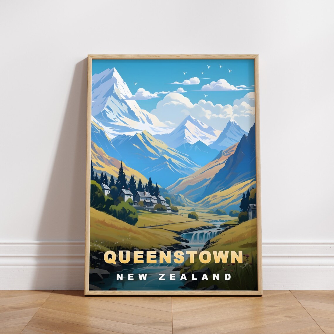 Queenstown New Zealand Alpine Mountain Village Retro Travel Poster