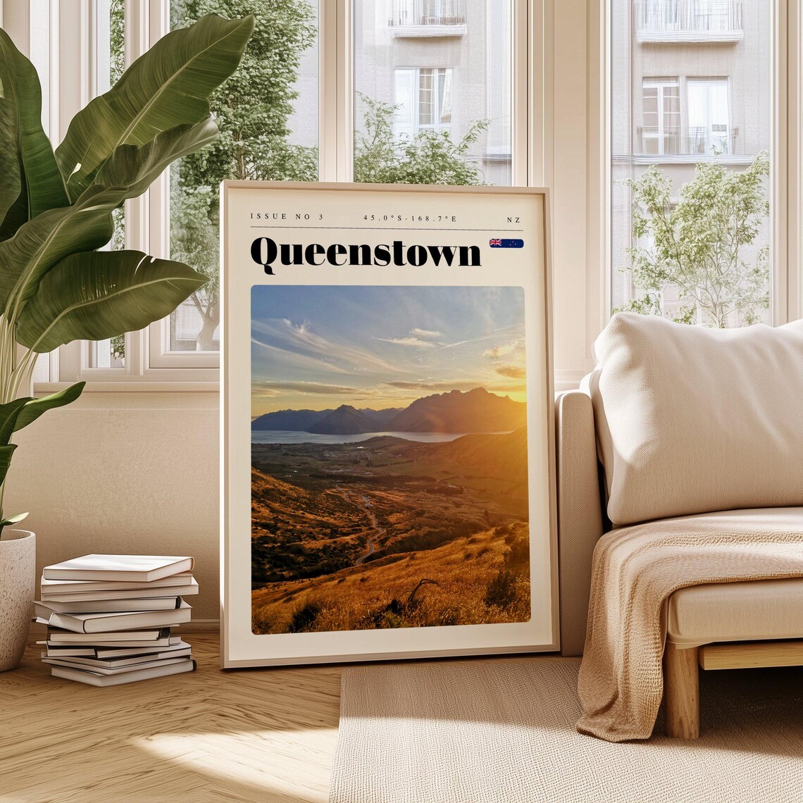 Queenstown New Zealand Mountain Lake Sunset Valley Travel Poster