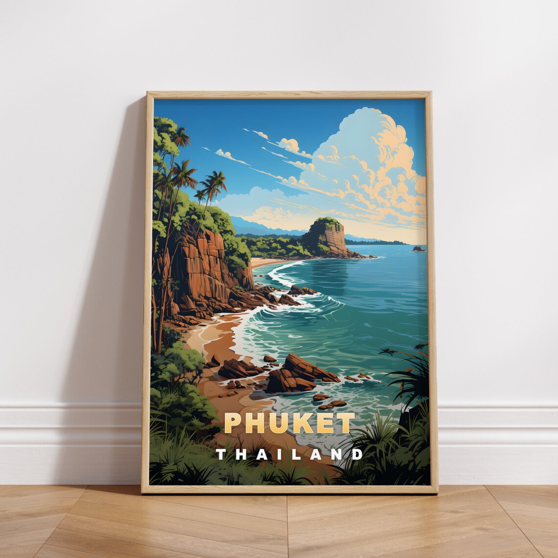 Phuket Thailand Rocky Cove Palm Sea Cliffs Retro Travel Poster