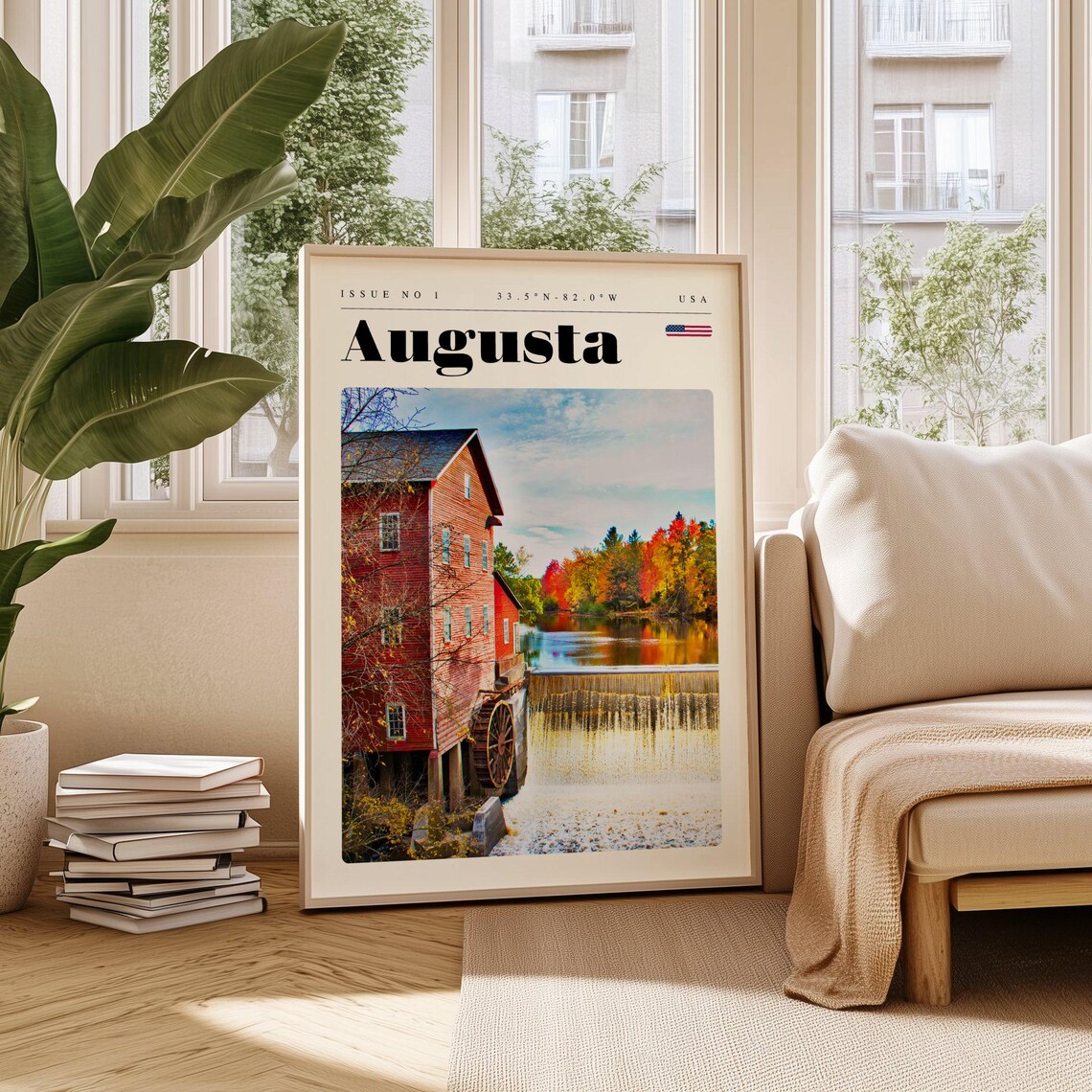Augusta USA Historic Red Mill Waterfall Golden Autumn Poster