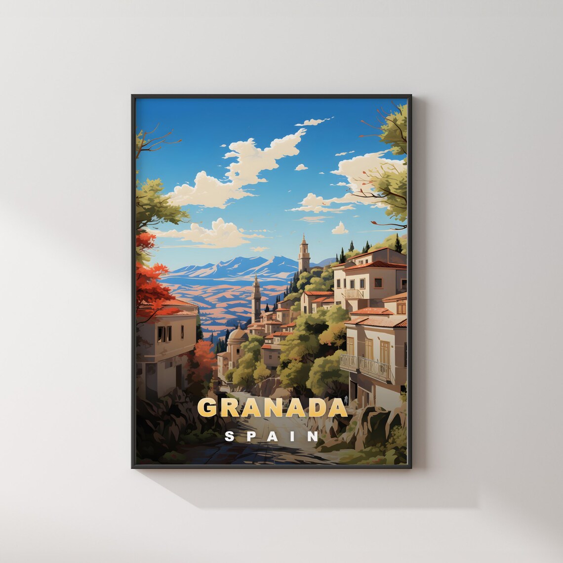 Granada Spain Retro Travel Poster Hillside Town Mountain View - Image 2