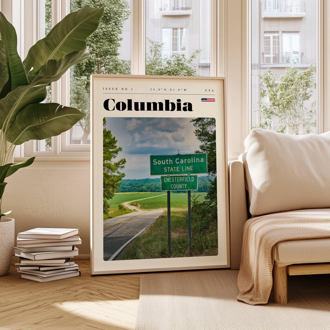 Columbia USA South Carolina State Line Highway Sign Travel Poster