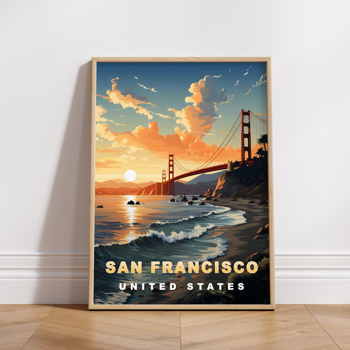 San Francisco Golden Gate Bridge Beach Sunset Waves Travel Poster