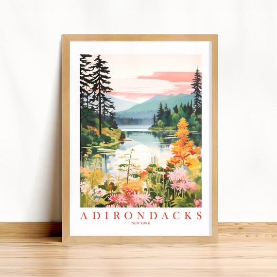 Adirondacks New York Lake Pines Wildflowers Vintage Travel Art Poster