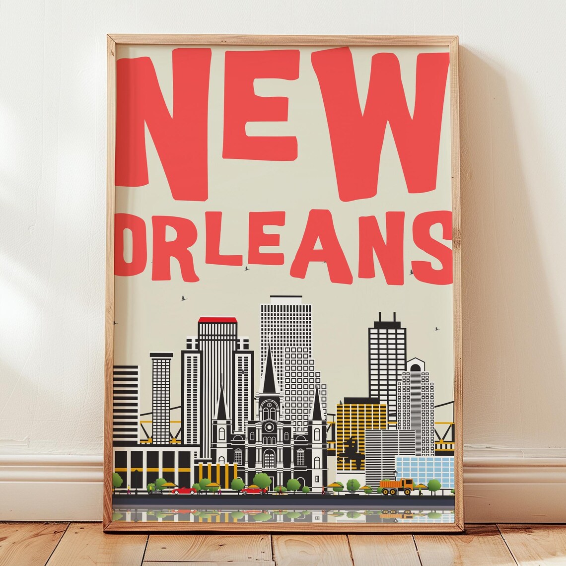New Orleans Bright Red Bold Typography City Skyline Travel Poster